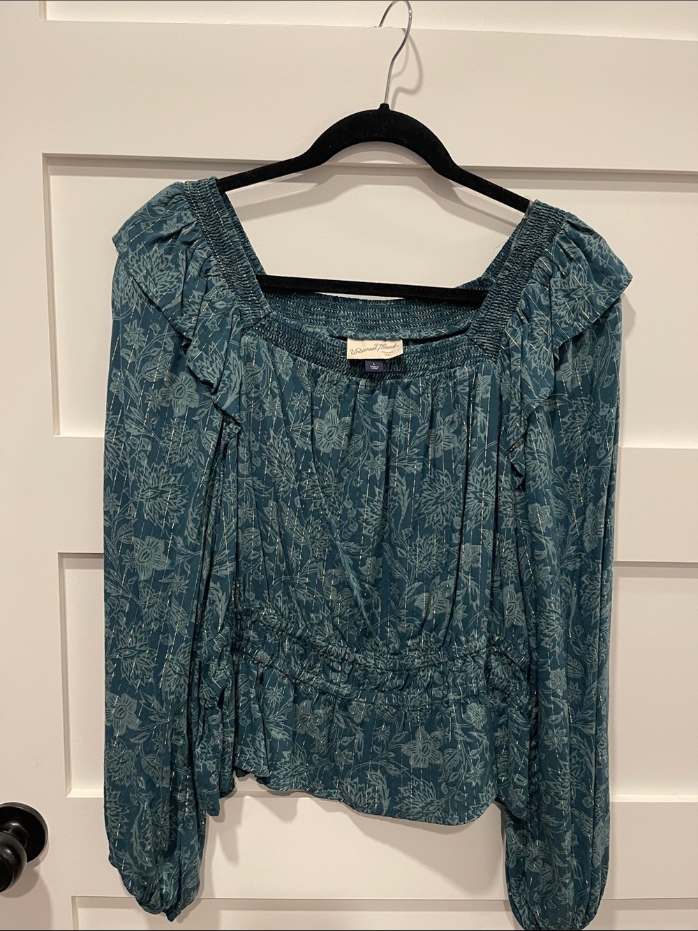 Universal Thread Teal Floral Ruffled Smocked-Neck Blouse